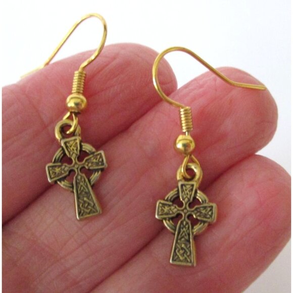 New Gold Celtic Cross Dangle Earrings on Goldtone Ear Wires - Picture 5 of 6